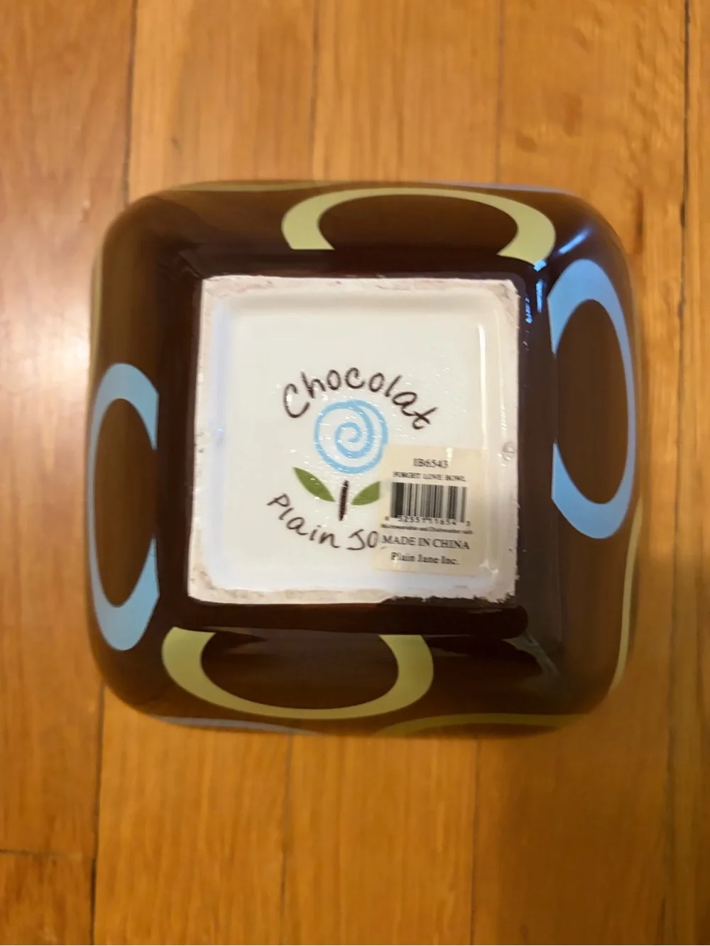 Modern Brown “Chocolate” Ceramic Bowl with Blue and Yellow/Green Circle Accents